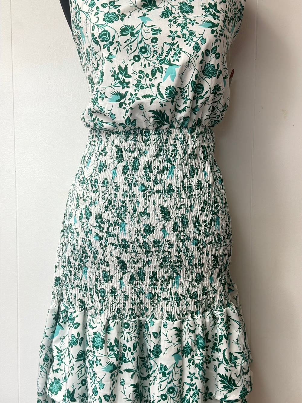 Smocked White Midi Dress with Green Floral Print
